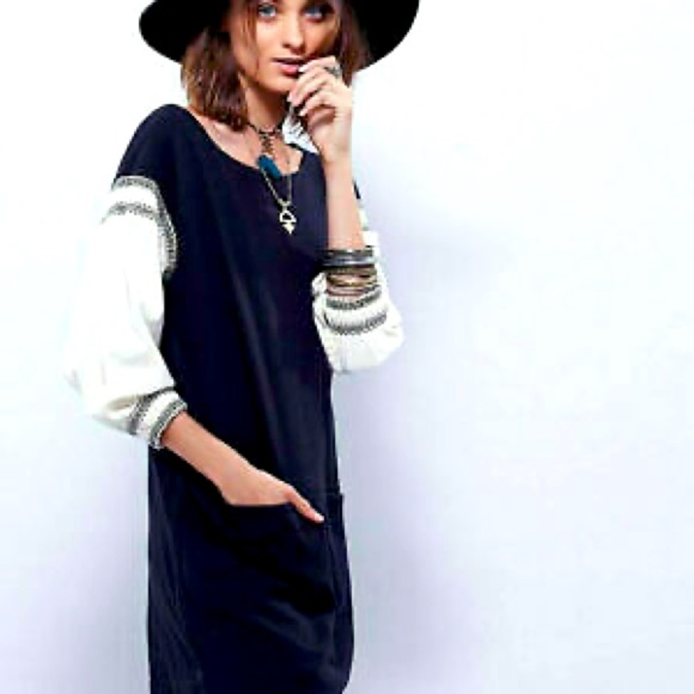 Free People dark blue Dress with White Embroidered Sleeves